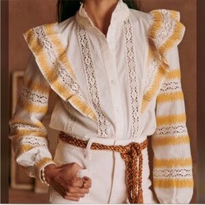 Sezane chemise Cream Yellow Ruffled lace blouse Top size 36 small